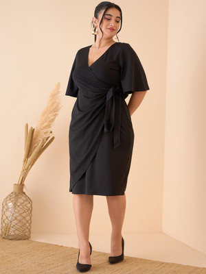 CURVE BY KASSUALLY Women Wrap Black Knee Length Dress