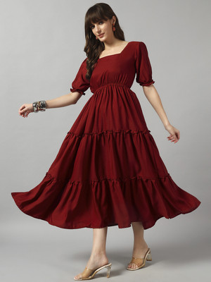 Krunal Raiyani Women Fit and Flare Maroon Midi/Calf Length Dress