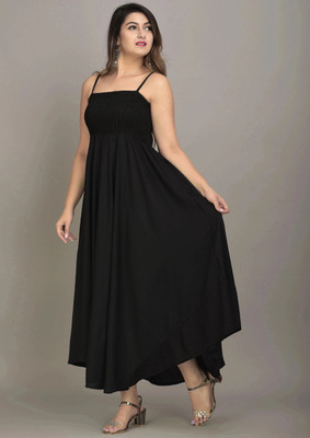 VYMO Women Fit and Flare Black Maxi/Full Length Dress