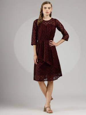 Westhood Women Fit and Flare Maroon Dress