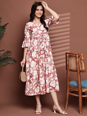 Claura Women A-line Pink Midi/Calf Length Dress