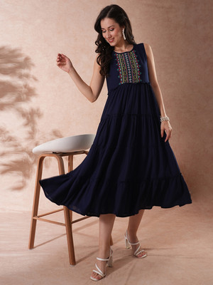 Globus Women Fit and Flare Blue Maxi/Full Length Dress