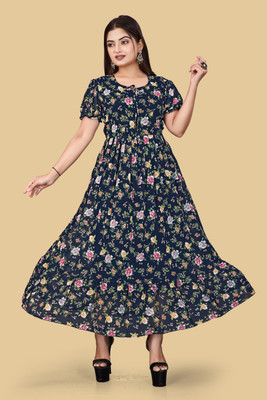 BENIXA TEXTILE Women Fit and Flare Multicolor Maxi/Full Length Dress