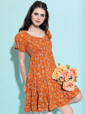 Tokyo Talkies Women Ribbed White, Orange Above Knee/Mid Thigh Length Dress