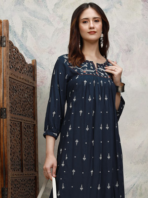 Vishudh Women A-line Blue Maxi/Full Length Dress
