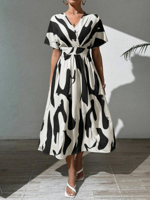 Leriya Fashion Women Fit and Flare Black, White Midi/Calf Length Dress