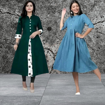Houseofcommonk Women Printed Anarkali Kurta(Green, Light Blue)