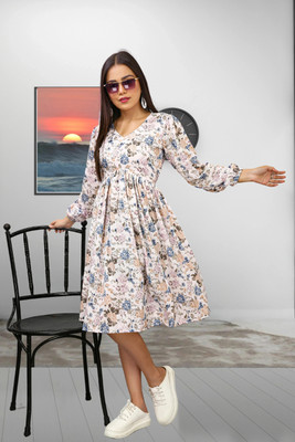 GIVAFAISHONS Women Fit and Flare White Below Knee Dress