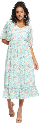 HouseOfCommon Women Fit and Flare Green Midi/Calf Length Dress