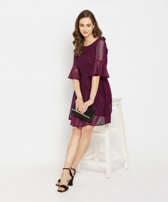 Imfashini Women Fit and Flare Maroon Knee Length Dress