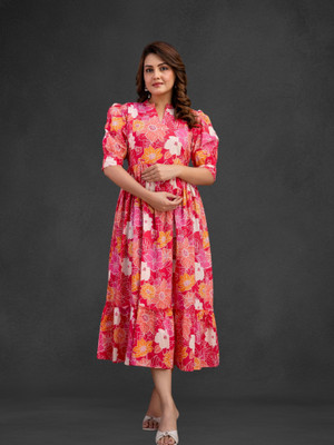 Henal Women Fit and Flare Pink Maxi/Full Length Dress