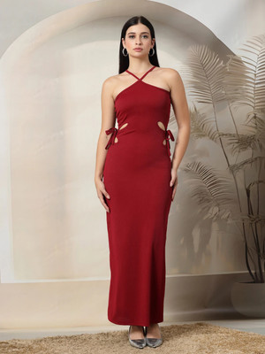 AAYU Women A-line Maroon Maxi/Full Length Dress