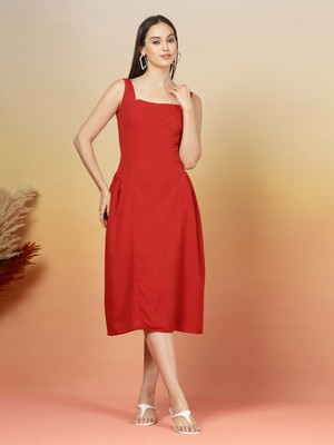 AAYU Women A-line Red Midi/Calf Length Dress