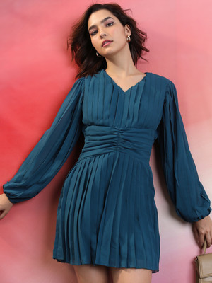 Tokyo Talkies Women Pleated Blue Above Knee/Mid Thigh Length Dress