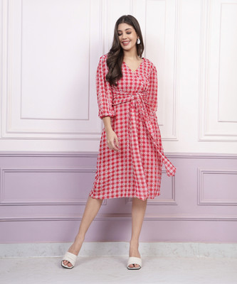 ATHENA Women Fit and Flare Red, White Midi/Calf Length Dress