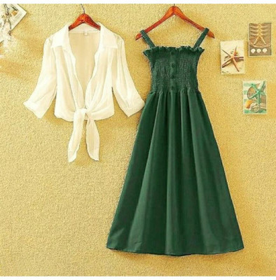 Emmy Word Women A-line Dark Green, White Knee Length Dress