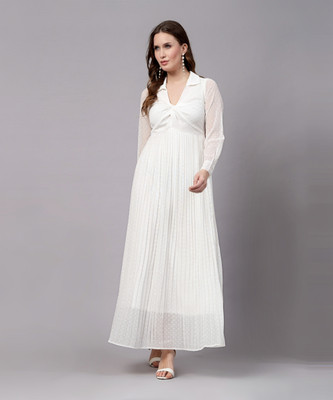 AAYU Women Fit and Flare White Maxi/Full Length Dress