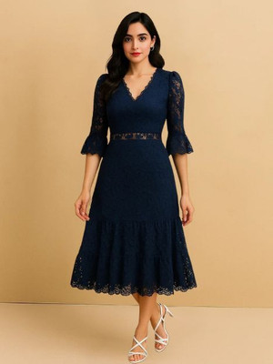 MARC LOUIS Women Fit and Flare Blue Midi/Calf Length Dress