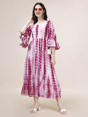 Fashion2wear Women A-line White, Purple Midi/Calf Length Dress