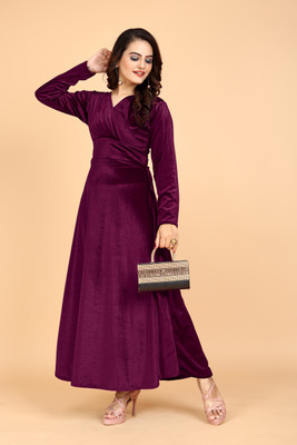 AGOF Women Fit and Flare Purple Maxi/Full Length Dress