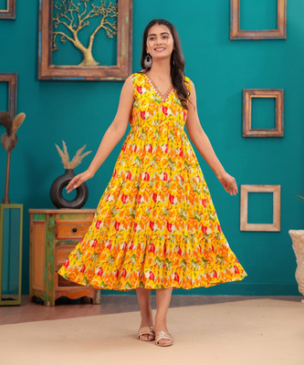RD Fab Women Maxi Yellow Midi/Calf Length Dress