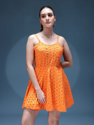 bebe Women Fit and Flare Orange Above Knee/Mid Thigh Length Dress