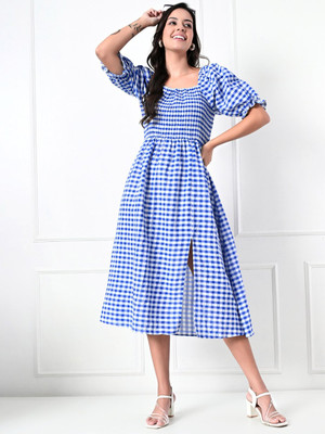 Burgstudio9 Women Fit and Flare Blue Below Knee Dress