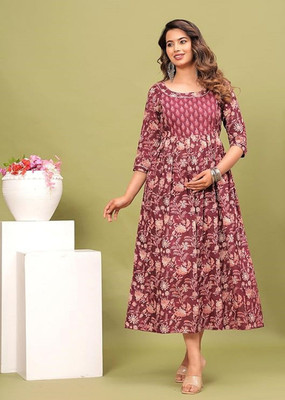 HouseOfCommon Women Fit and Flare Maroon Midi/Calf Length Dress