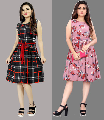 Hiral Creation Women Fit and Flare Multicolor Knee Length Dress