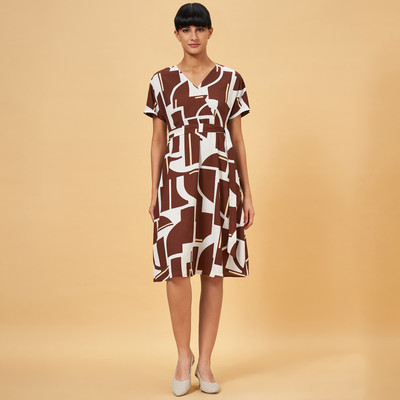 Annabelle by Pantaloons Women A-line Brown, White, Beige Below Knee Dress