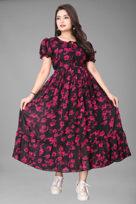 Bhadani Women Fit and Flare Black, Pink Midi/Calf Length Dress