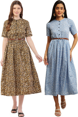 Mamnoon Women Fit and Flare Light Blue, Yellow Midi/Calf Length Dress