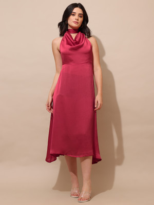 PURVAJA Women Fit and Flare Red Midi/Calf Length Dress