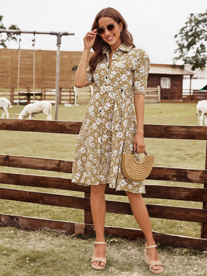 Dressberry Women Fit and Flare Beige, White Knee Length Dress