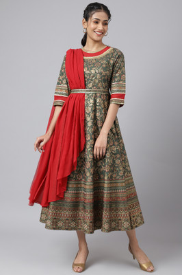 Aurelia Women Ethnic Dress Gold Midi/Calf Length Dress