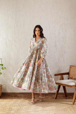 Leriya Fashion Women Empire Waist Multicolor Midi/Calf Length Dress