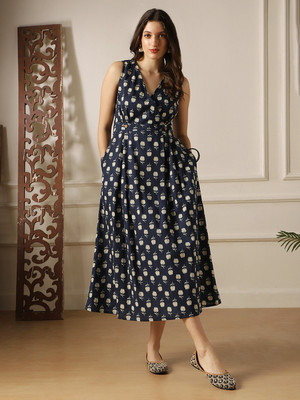 Globus Women Fit and Flare Dark Blue Midi/Calf Length Dress