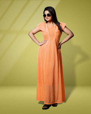 A M.LIBASH Women Fit and Flare Orange Maxi/Full Length Dress