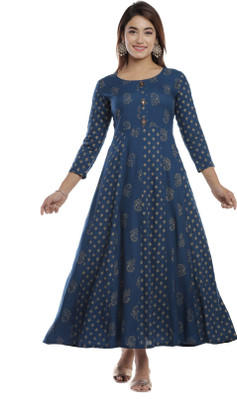 ASHISH PRINT Women A-line Dark Blue, Gold Midi/Calf Length Dress