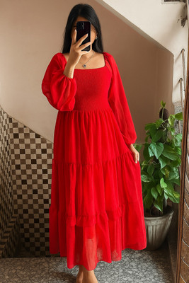 FRKE Women A-line Red Midi/Calf Length Dress