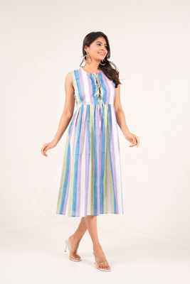 Akaay Stories Women Fit and Flare Multicolor, Blue, White Midi/Calf Length Dress