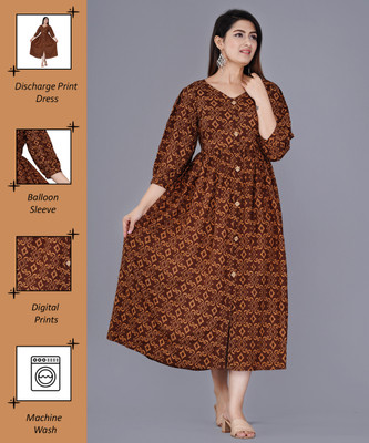 MintMarie Women Fit and Flare Brown, Orange Midi/Calf Length Dress