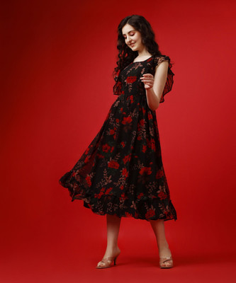 Fashion2wear Women Fit and Flare Black, Red, Brown Below Knee Dress