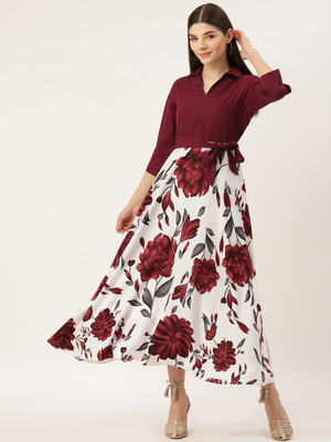 Deewa Women A-line Maroon Midi/Calf Length Dress