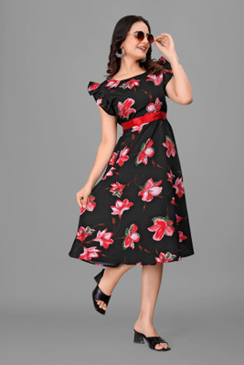 StyleO Women Fit and Flare Black, Red, Green Knee Length Dress