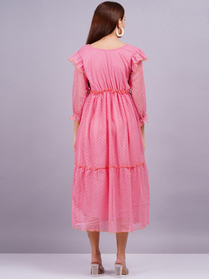 JC4U Women Fit and Flare Pink Midi/Calf Length Dress