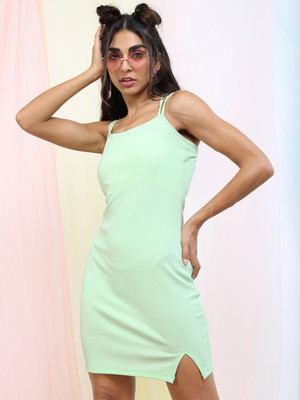 Tokyo Talkies Women Ribbed Green Above Knee/Mid Thigh Length Dress