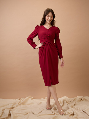 Globus Women Bodycon Maroon Midi/Calf Length Dress