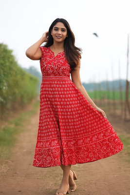 HouseOfCommon Women Fit and Flare Red Midi/Calf Length Dress