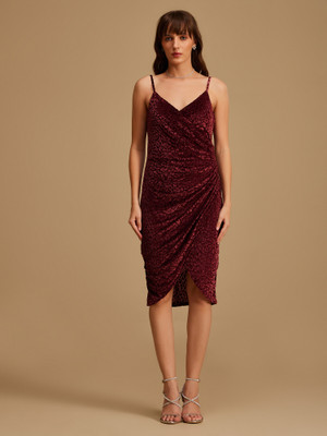 KAZO Women Asymmetric Maroon Knee Length Dress